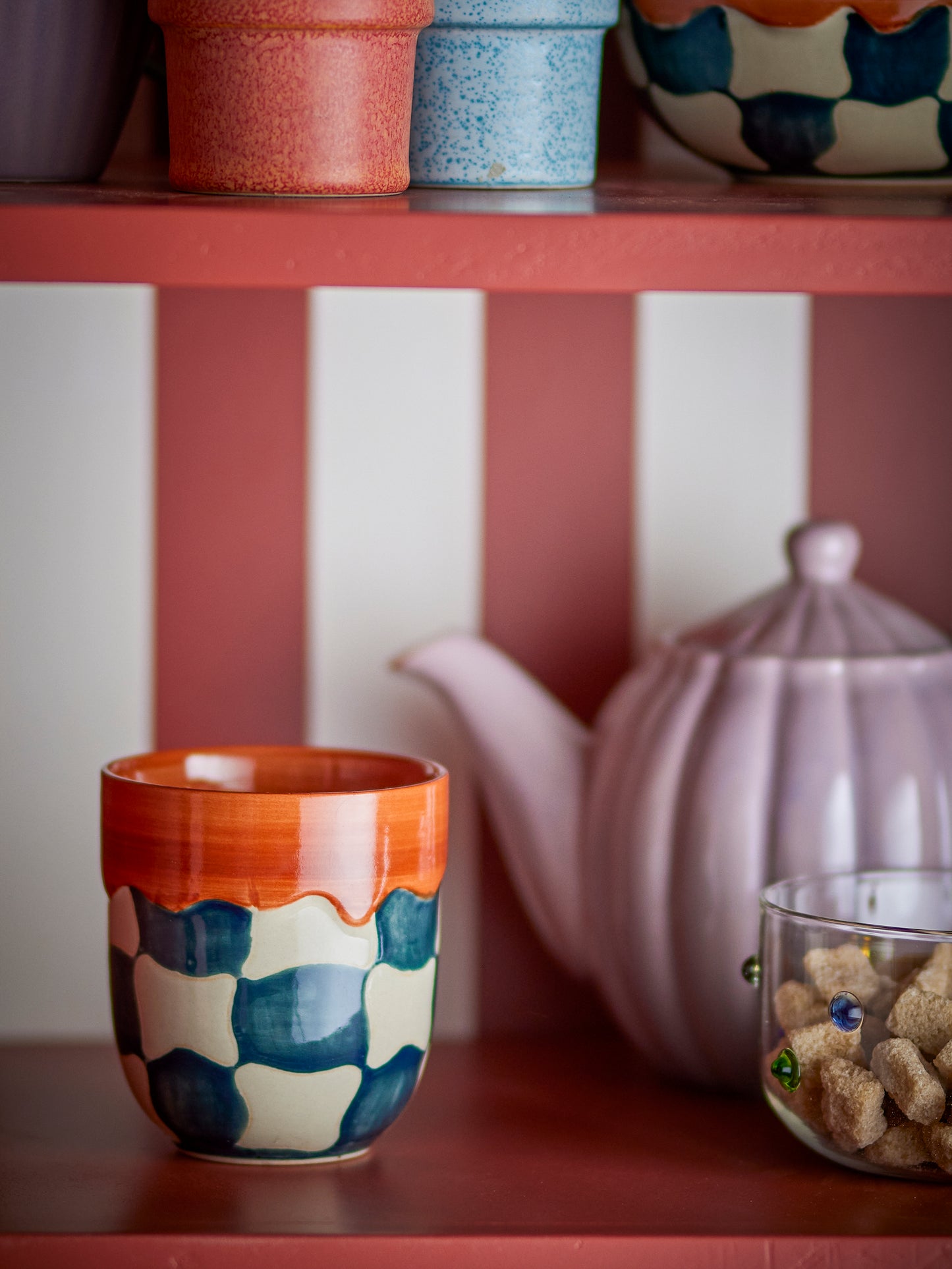 Bloomingville Check カップ 375ml ブルー ストーンウェア